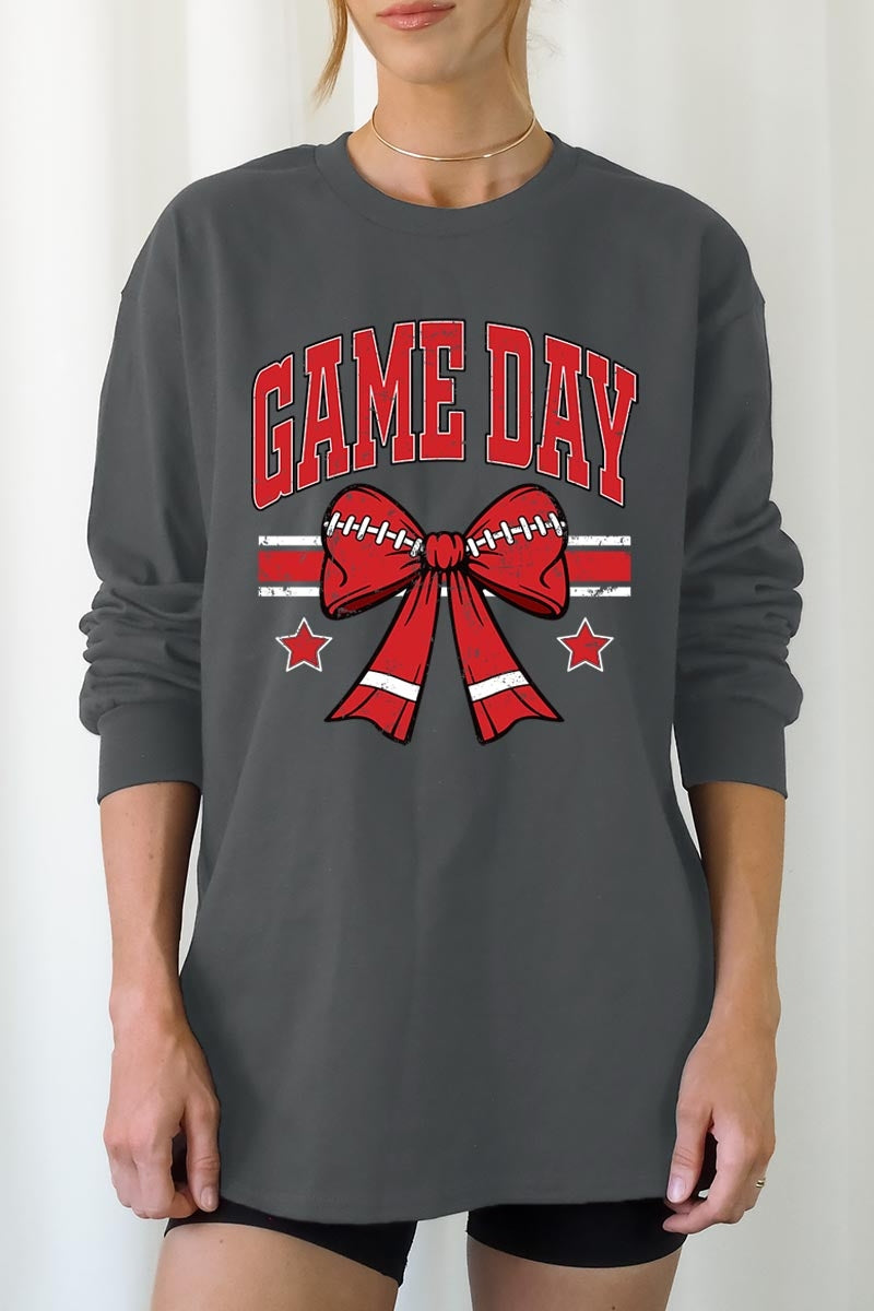 UL240-E3062 Red Game Day Football Bow Graphic Long Sleeve Tee $13.75
