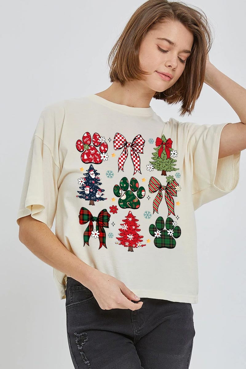 CTS-E3195 Christmas Bow Paw Graphic Relaxed Crop Top $11