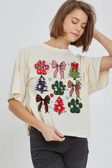 CTS-E3195 Christmas Bow Paw Graphic Relaxed Crop Top $11