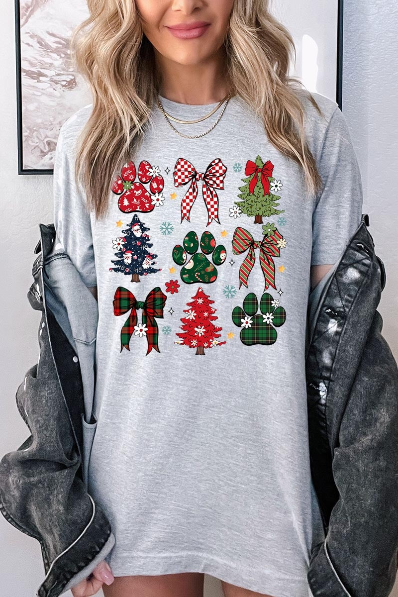 US3001-E3195 Christmas Bow Paw Graphic Tee $12.5