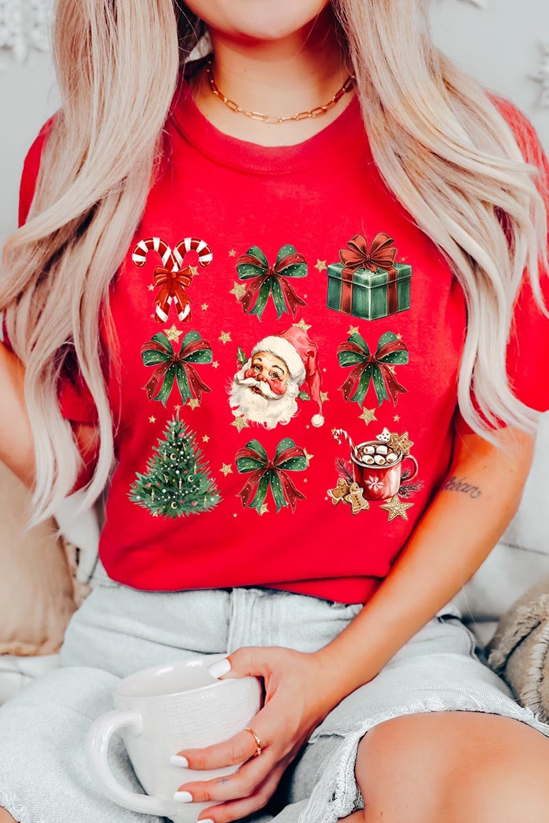 US3001-E3217 Santa Gifts & Bows Christmas Graphic Tee $12.5