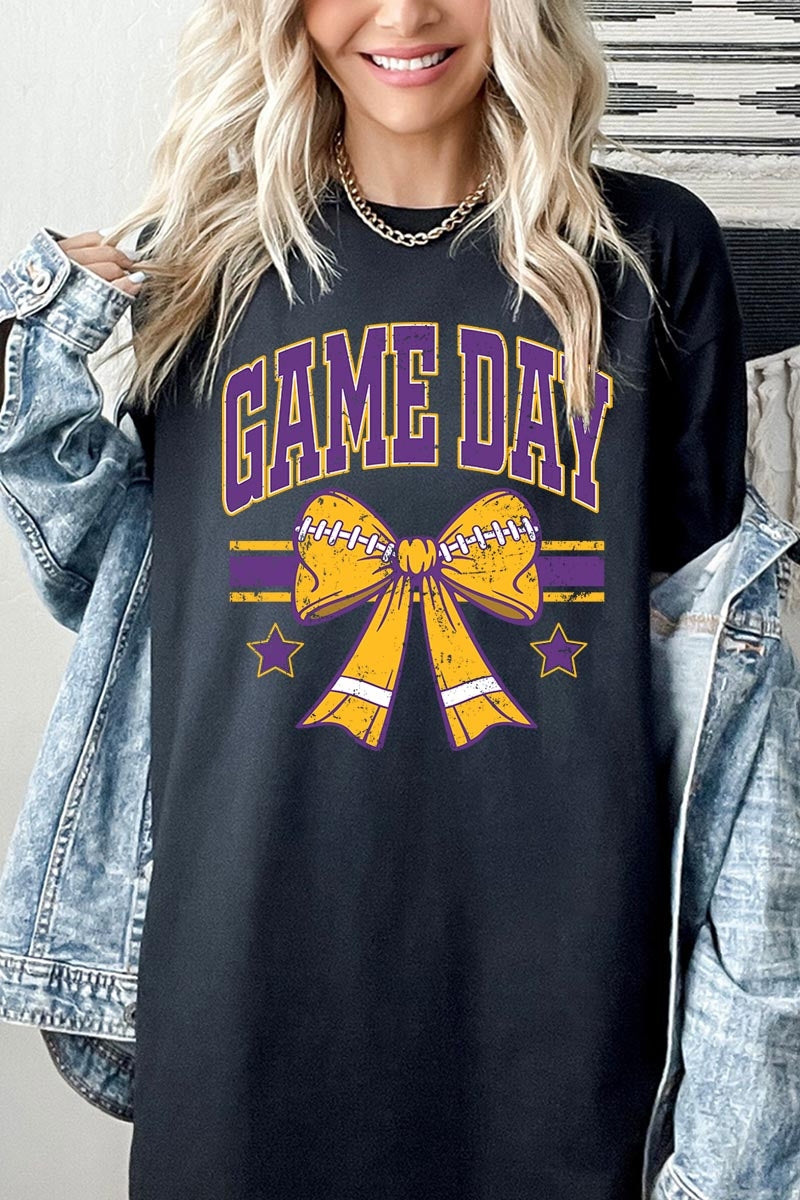 5000-E3063 Purple Football Bow Graphic Heavy Cotton Tee $9