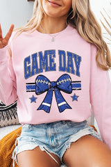 UL180P-E3065 Blue Game Day Football Bow Graphic Plus Sweatshirt $25