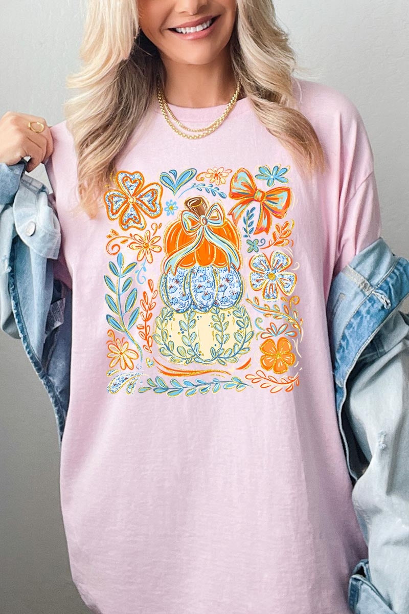 5000P-E3153 Floral Pumpkin Stack Graphic Plus Heavy Cotton Tee $12.75