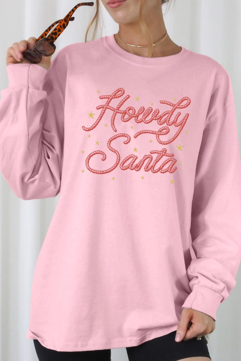 UL240-E3199 Howdy Santa Graphic Long Sleeve Tee $13.75