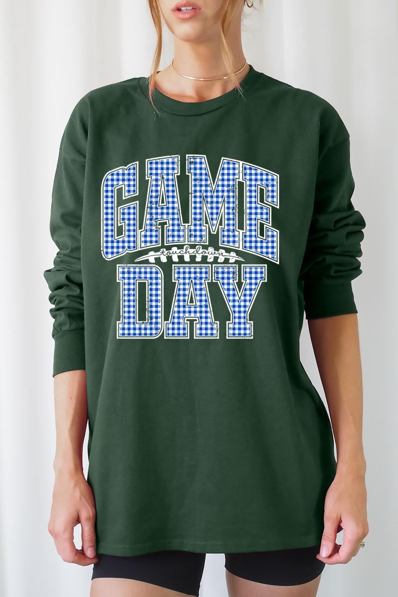 UL240-E3130 Blue Gingham Game Day Graphic Long Sleeve Tee $13.75