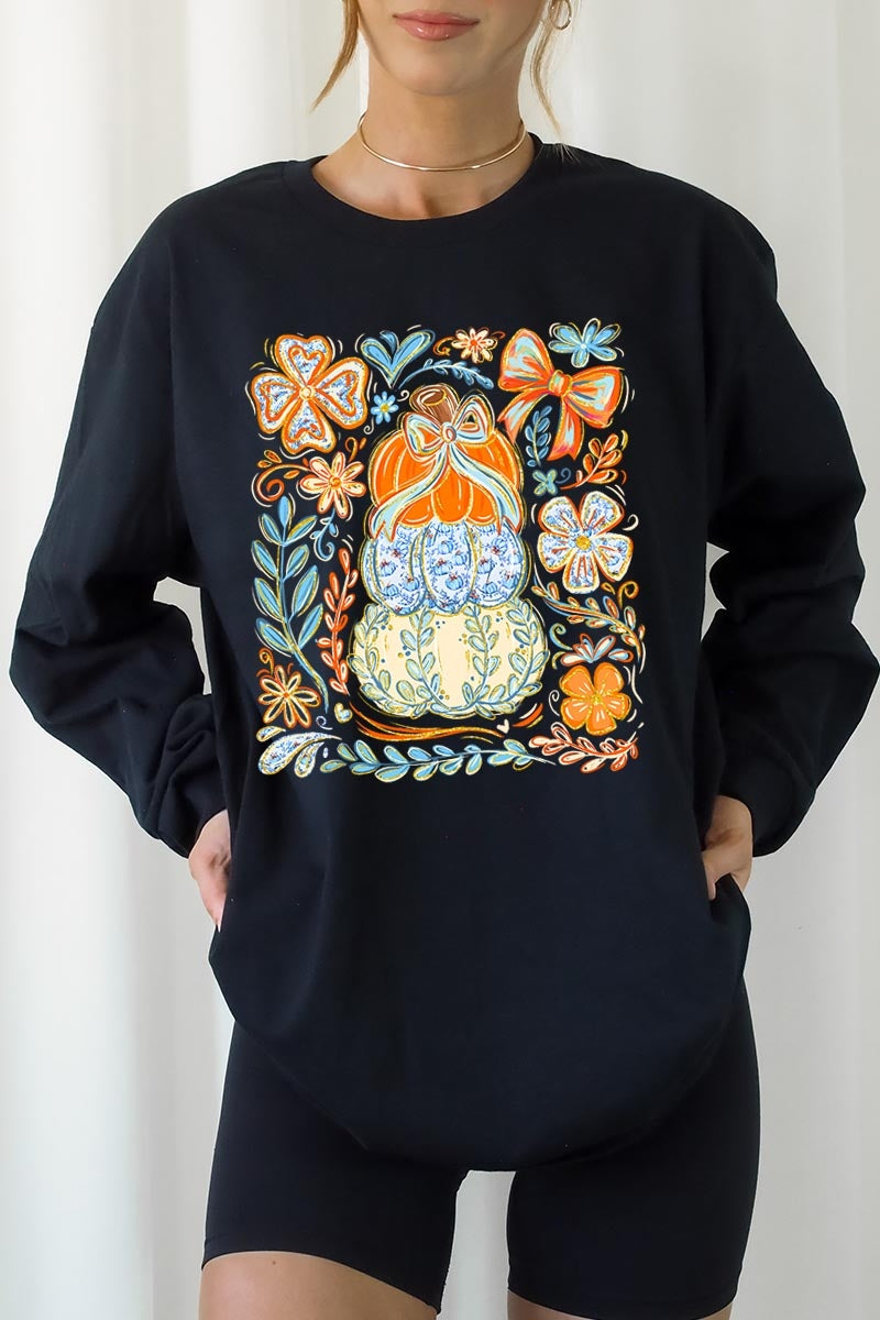 UL240-E3153 Floral Pumpkin Stack Graphic Long Sleeve Tee $13.75