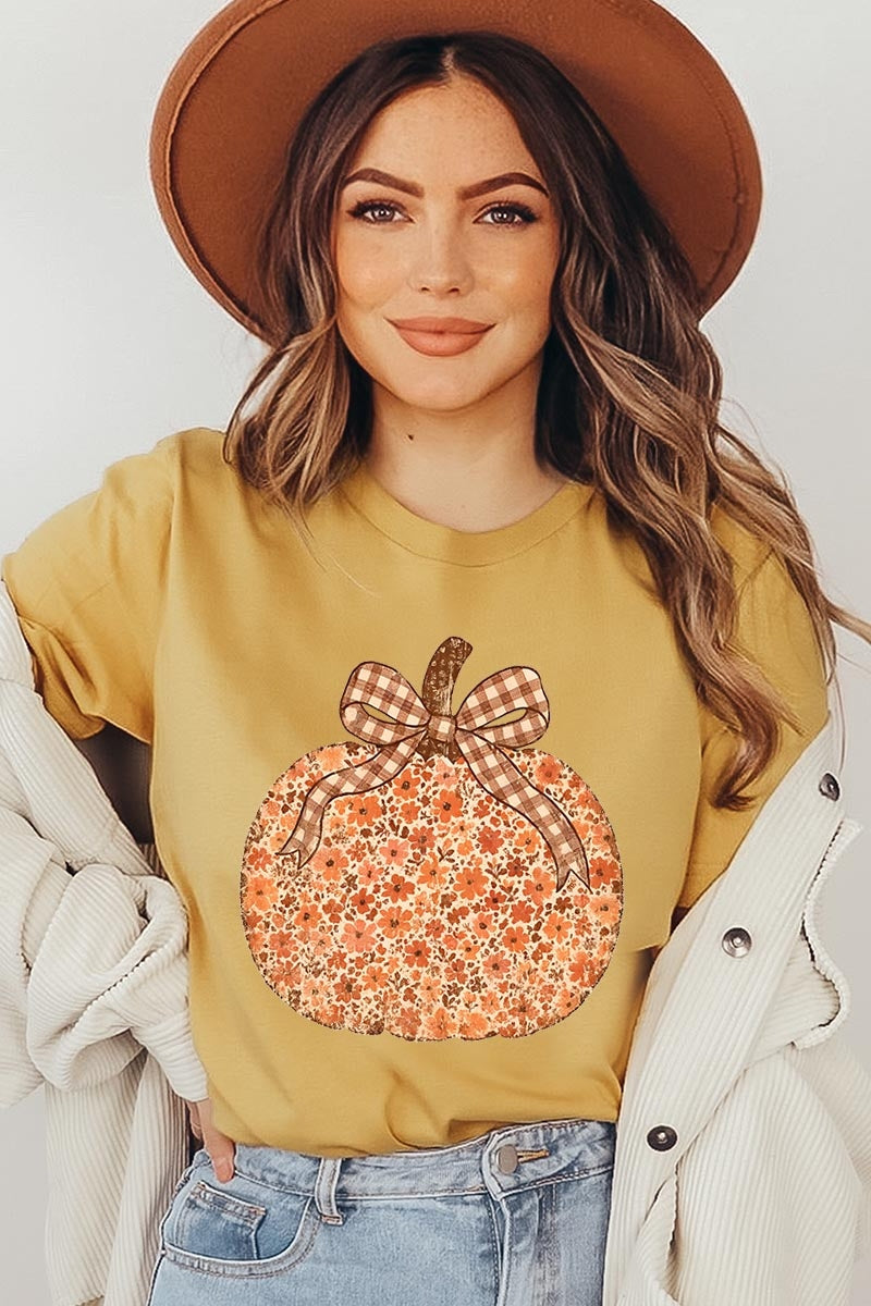 US3001-E3135 Floral Fall Pumpkin Graphic Tee $12.5