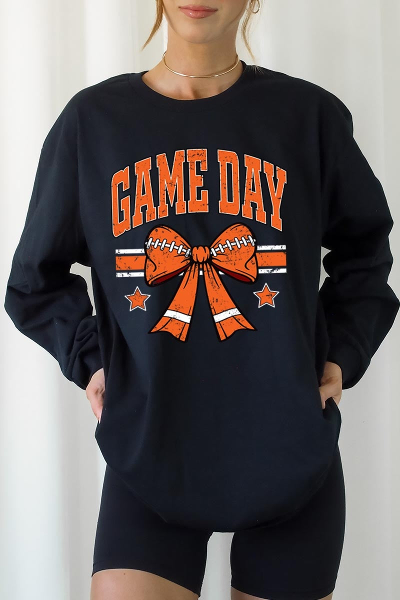 UL240-E3064 Orange Game Day Football Bow Long Sleeve Tee $13.75