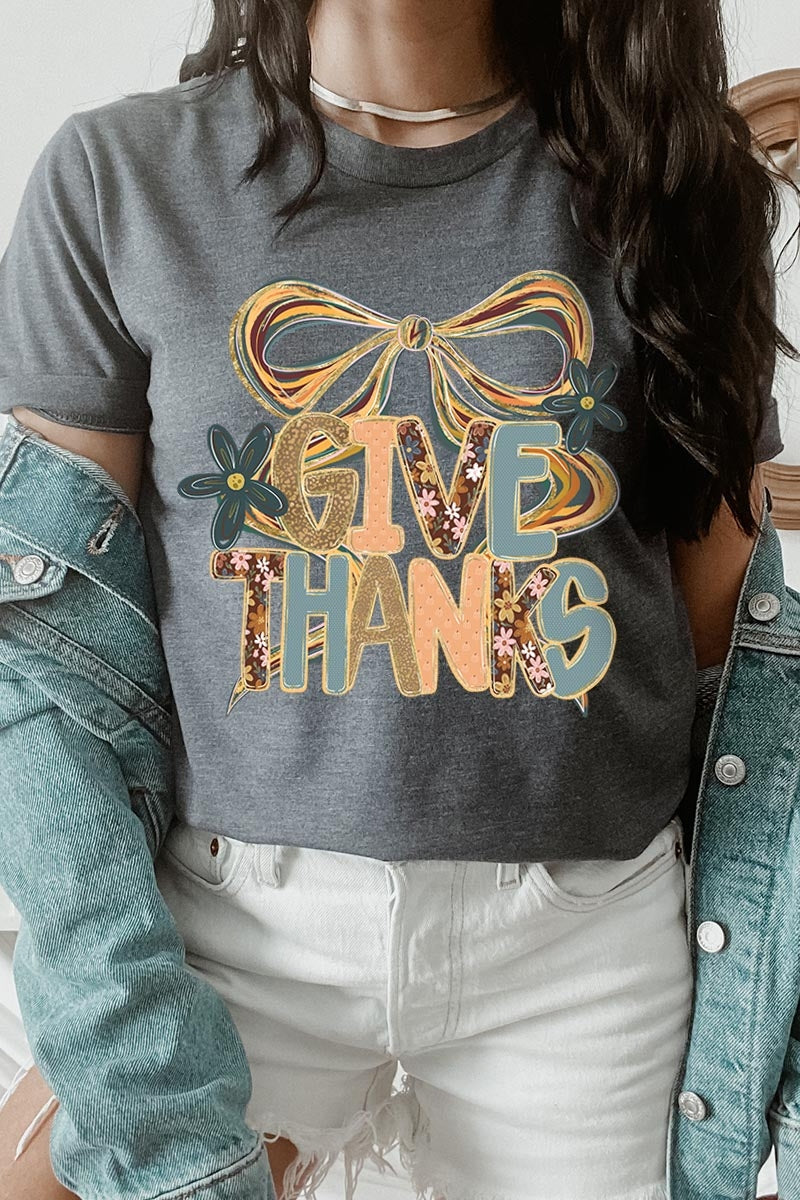 US3001-E3154 Give Thanks Bow Graphic Tee $12.5