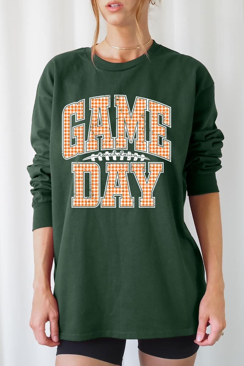UL240-E3129 Orange Gingham Game Day Graphic Long Sleeve Tee $13.75