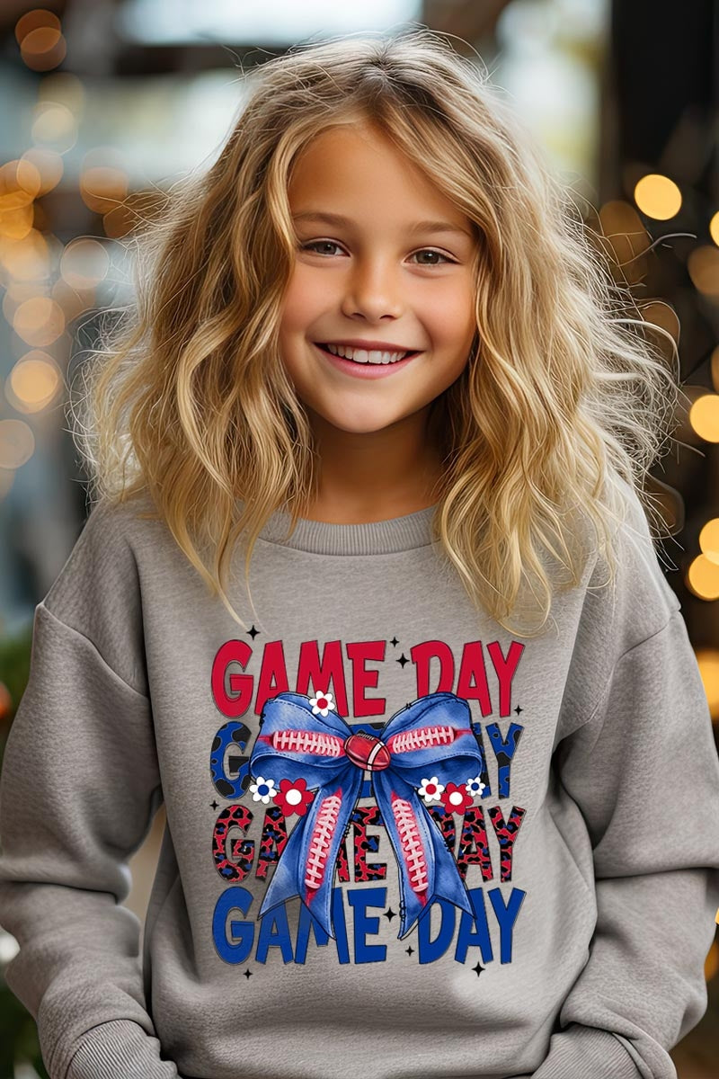 UL180B-E3087Z Red Blue Football Game Day Bow Kids Sweatshirt $20
