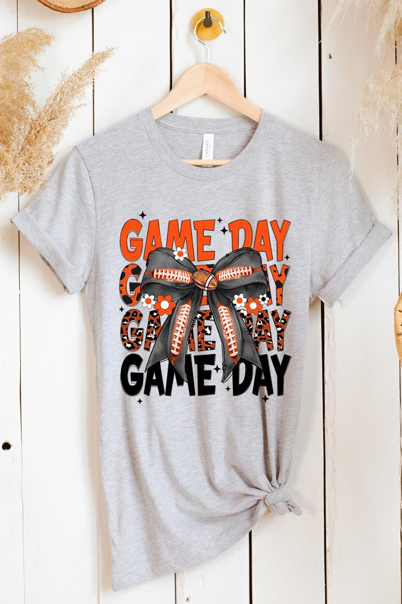 US3001P-E3088 Orange Black Football Game Day Bow Plus Tee $16