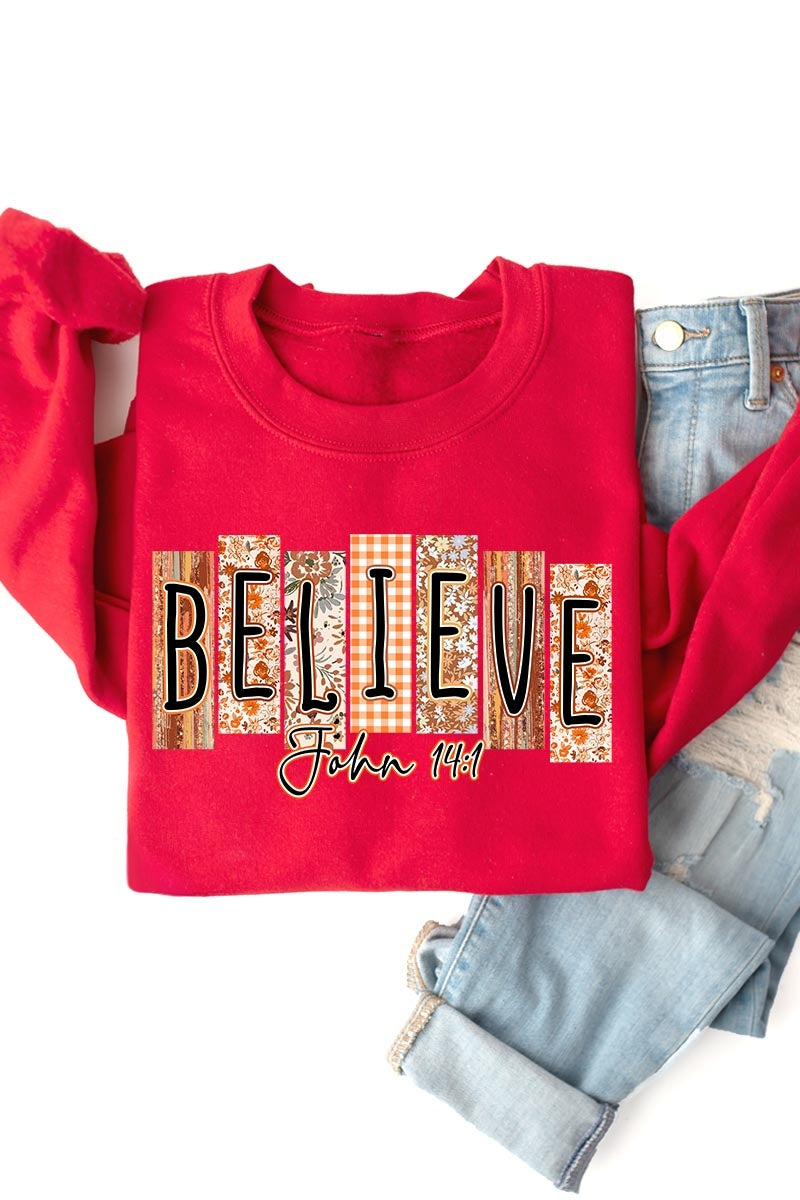 UL180P-E3167 Believe Fall Christian Graphic Plus Sweatshirt $25