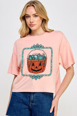 CTS-E3140 Halloween turquoise pumpkin Relaxed Crop Top $11