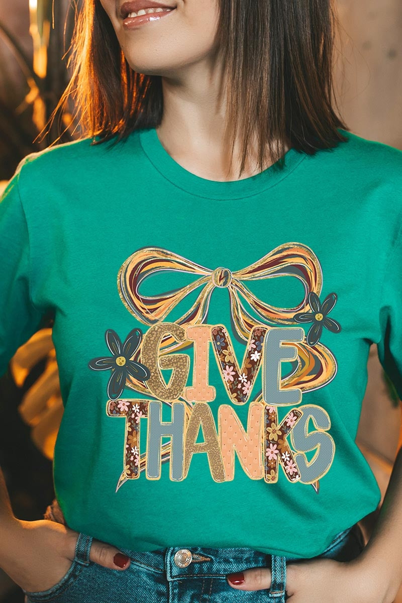 US3001-E3154 Give Thanks Bow Graphic Tee $12.5
