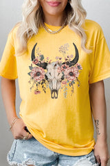 5000-E3113 Western Skull Floral Graphic Heavy Cotton Tee $9