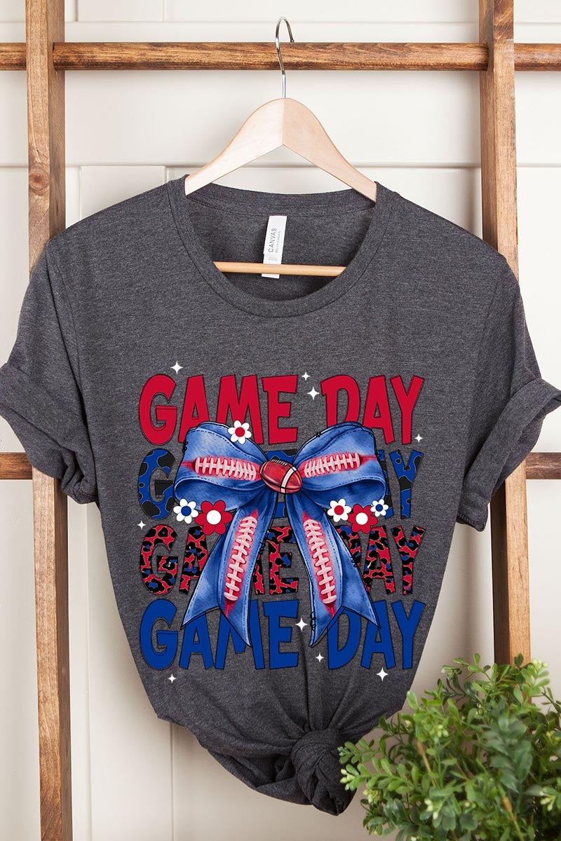 US3001-E3087 Red Blue Football Game Day Bow Graphic Tee $12.5