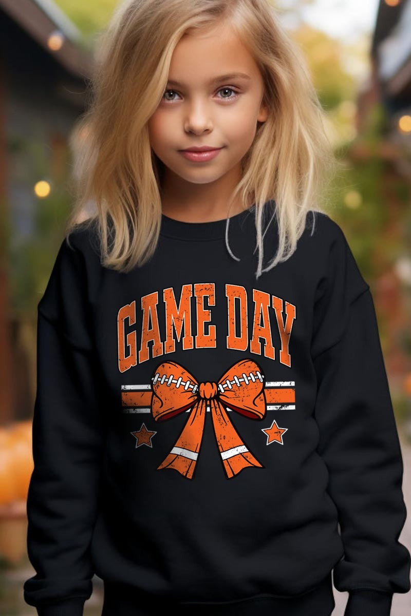 UL180B-E3064Z Orange Game Day Football Bow Kids Sweatshirt $20