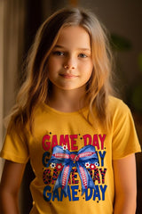US3001Y-E3087Z Red Blue Football Game Day Bow Kids Graphic Tee $11