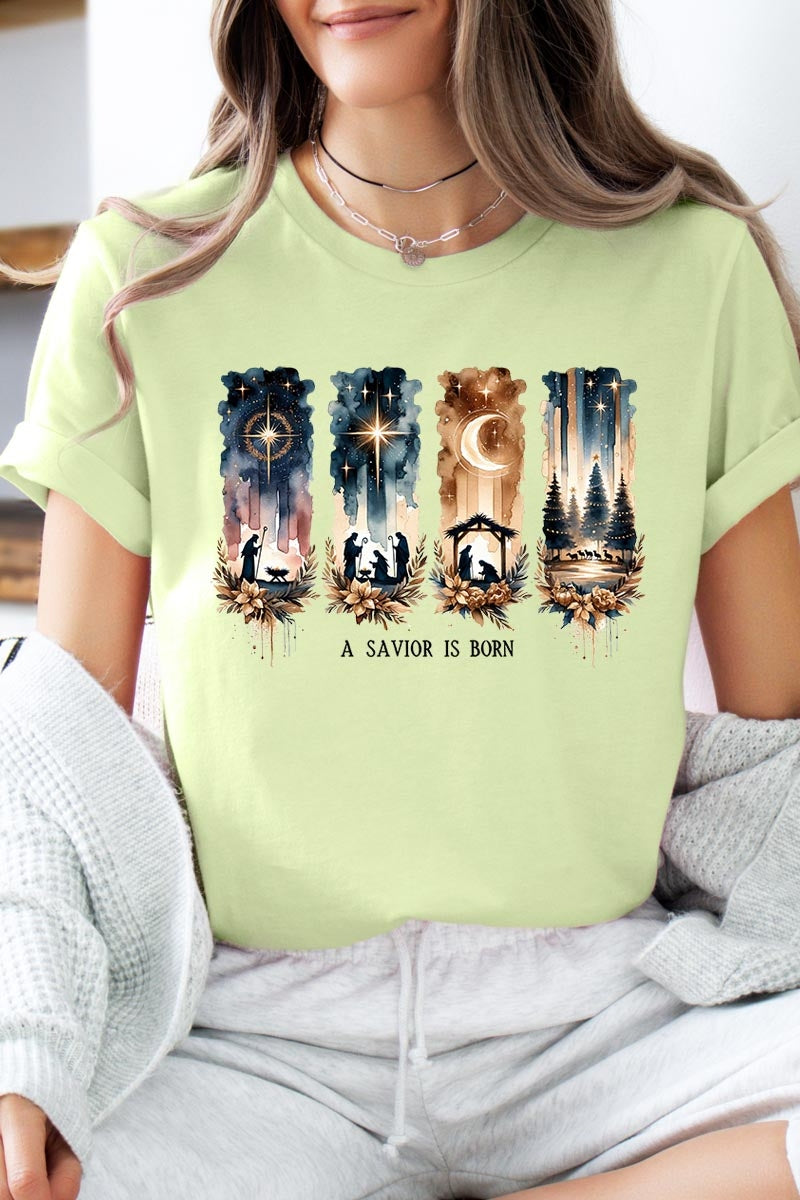 US3001P-E3204 Savior Is Born Nativity Graphic Plus Tee $16