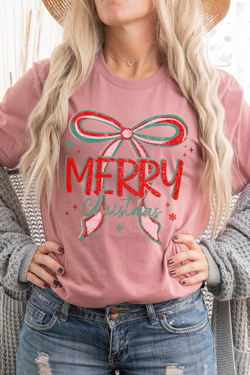 US3001-E3197 Merry Christmas Bow Graphic Tee $12.5