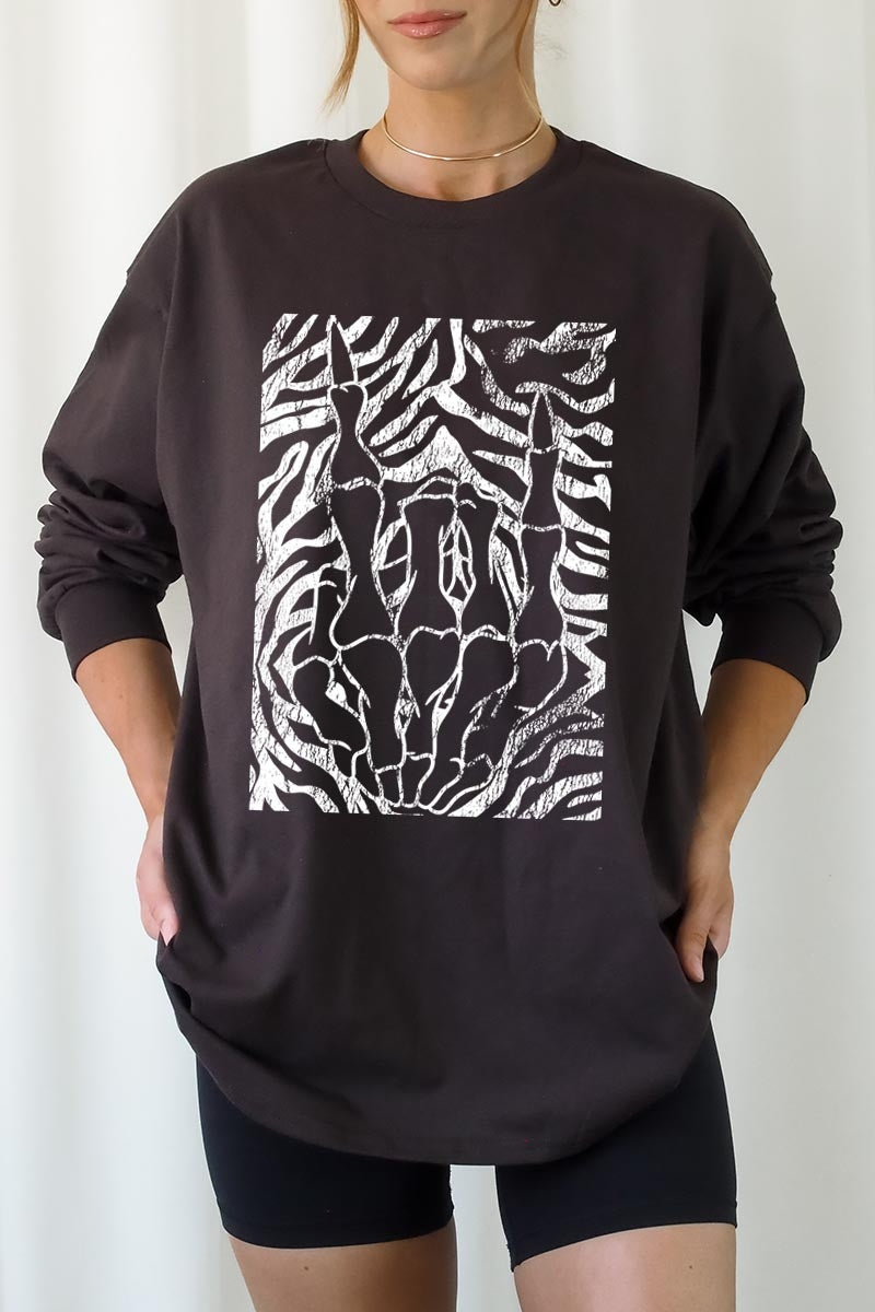 UL240-E3177 Skeleton Hands Zebra Graphic Long Sleeve Tee $13.75