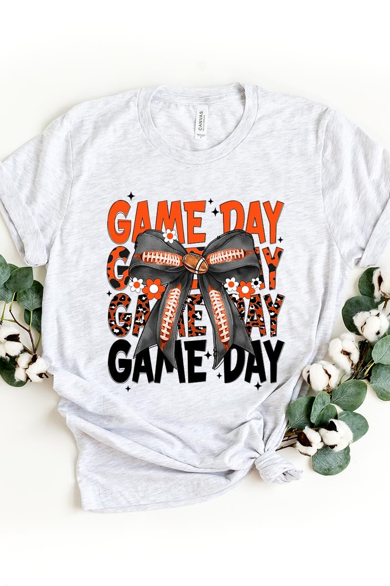 US3001-E3088 Orange Black Football Game Day Bow Graphic Tee $12.5