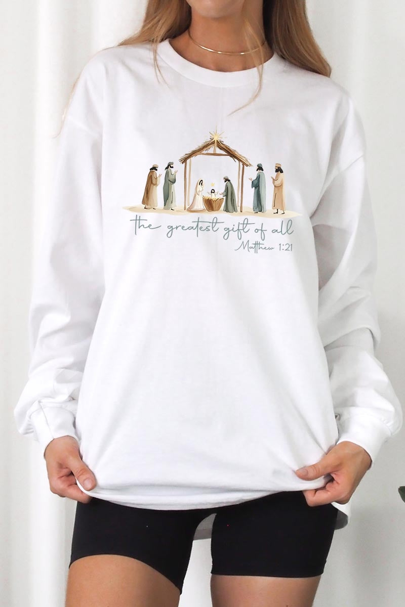 UL240-E3183 Nativity Gift Graphic Long Sleeve Tee $13.75