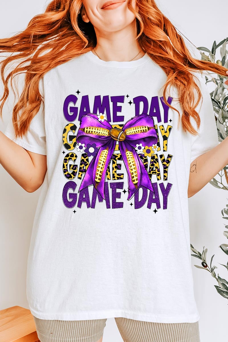 5000-E3092 Purple Football Game Day Bow Heavy Cotton Tee $9
