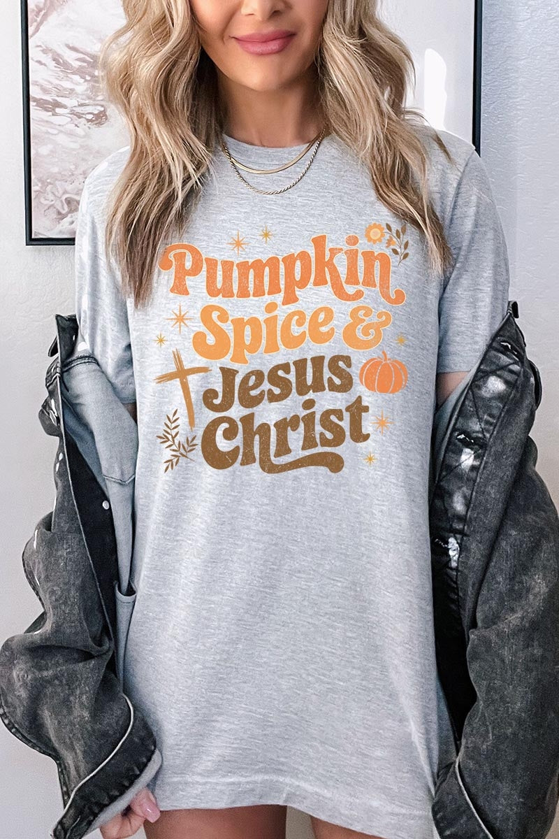 US3001P-E3164 Pumpkin Spice & Jesus Graphic Plus Tee $16
