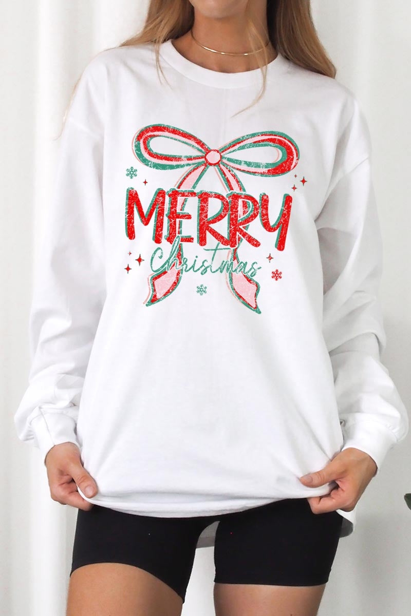 UL240P-E3197 Merry Christmas Bow Graphic Plus Long Sleeve Tee $17