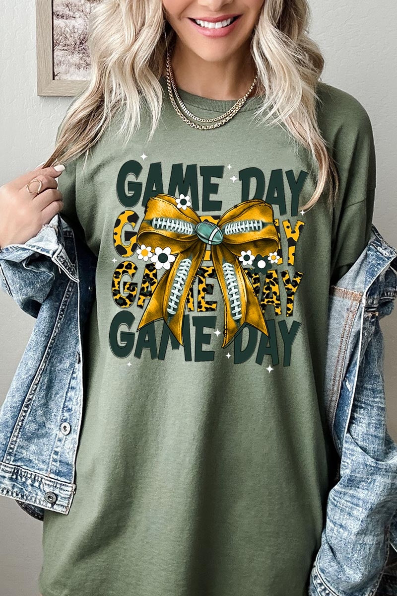 5000P-E3090 Yellow Football Game Day Bow Plus Heavy Cotton Tee $12.75