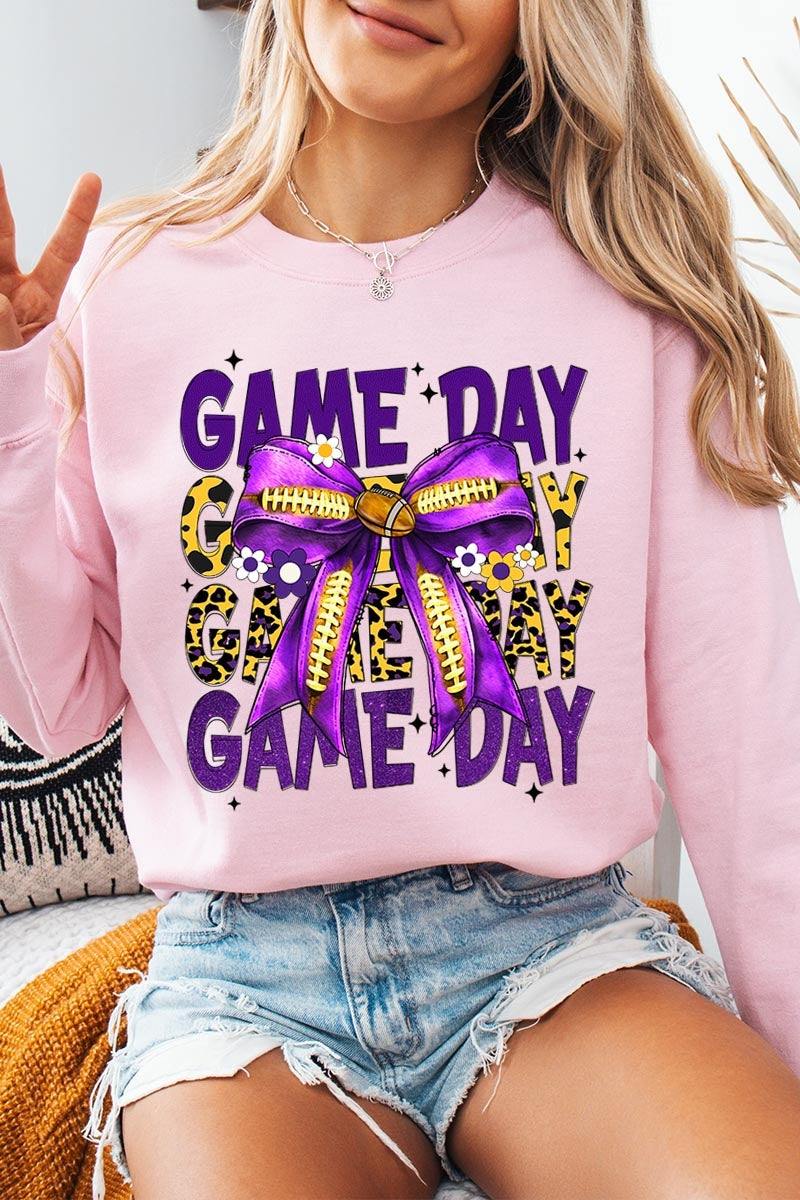 UL180P-E3092 Purple Yellow Football GameDay Bow Plus Sweatshirt $25