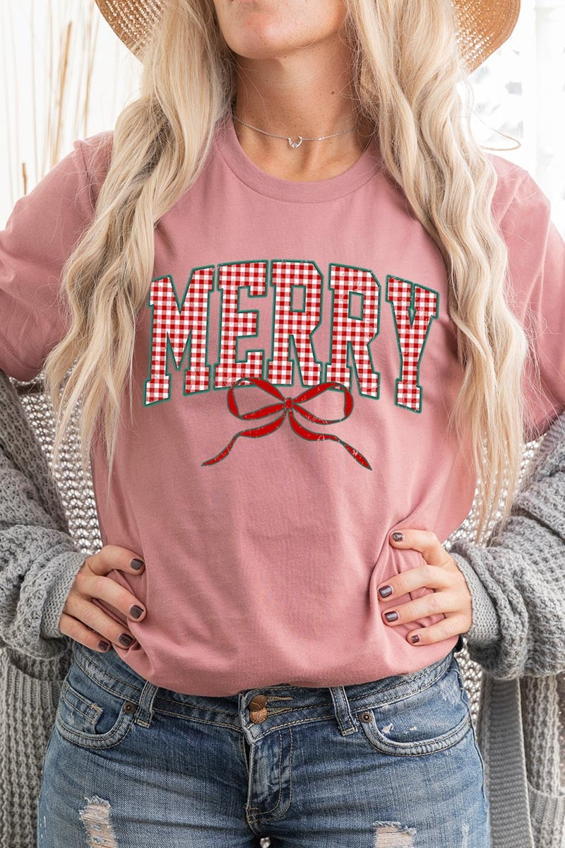 US3001-E3206 Plaid Merry Christmas Bow Graphic Tee $12.5