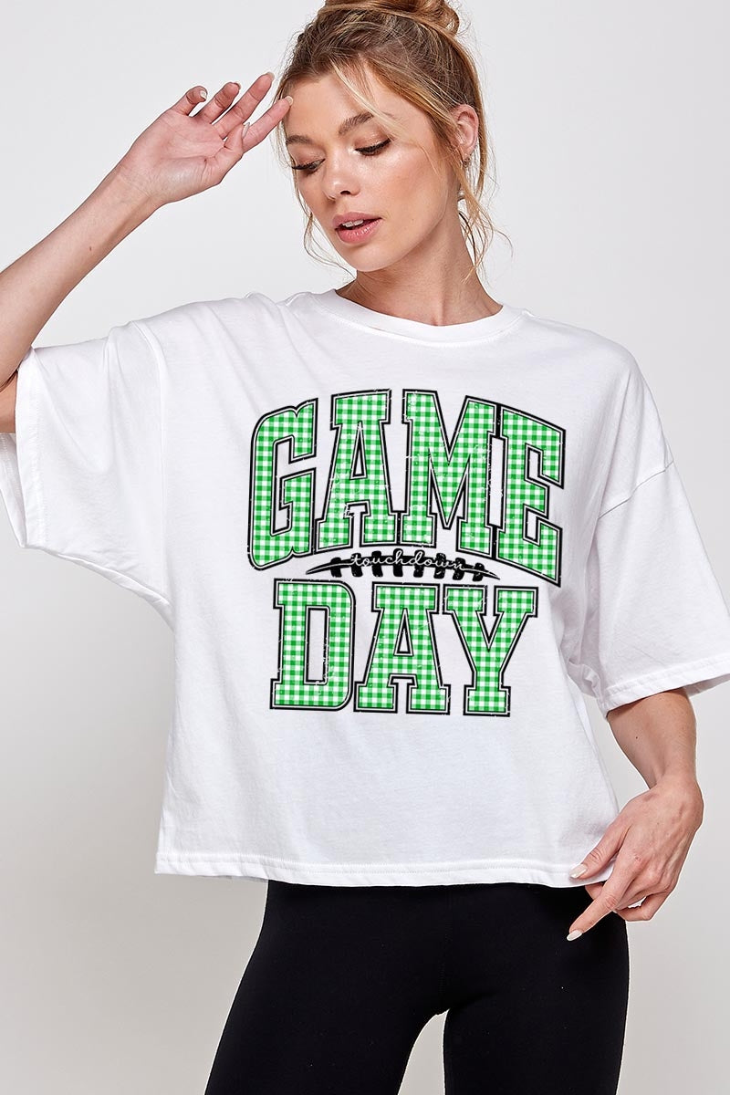 CTS-E3128 Green Gingham Game Day Graphic Relaxed Crop Top $11