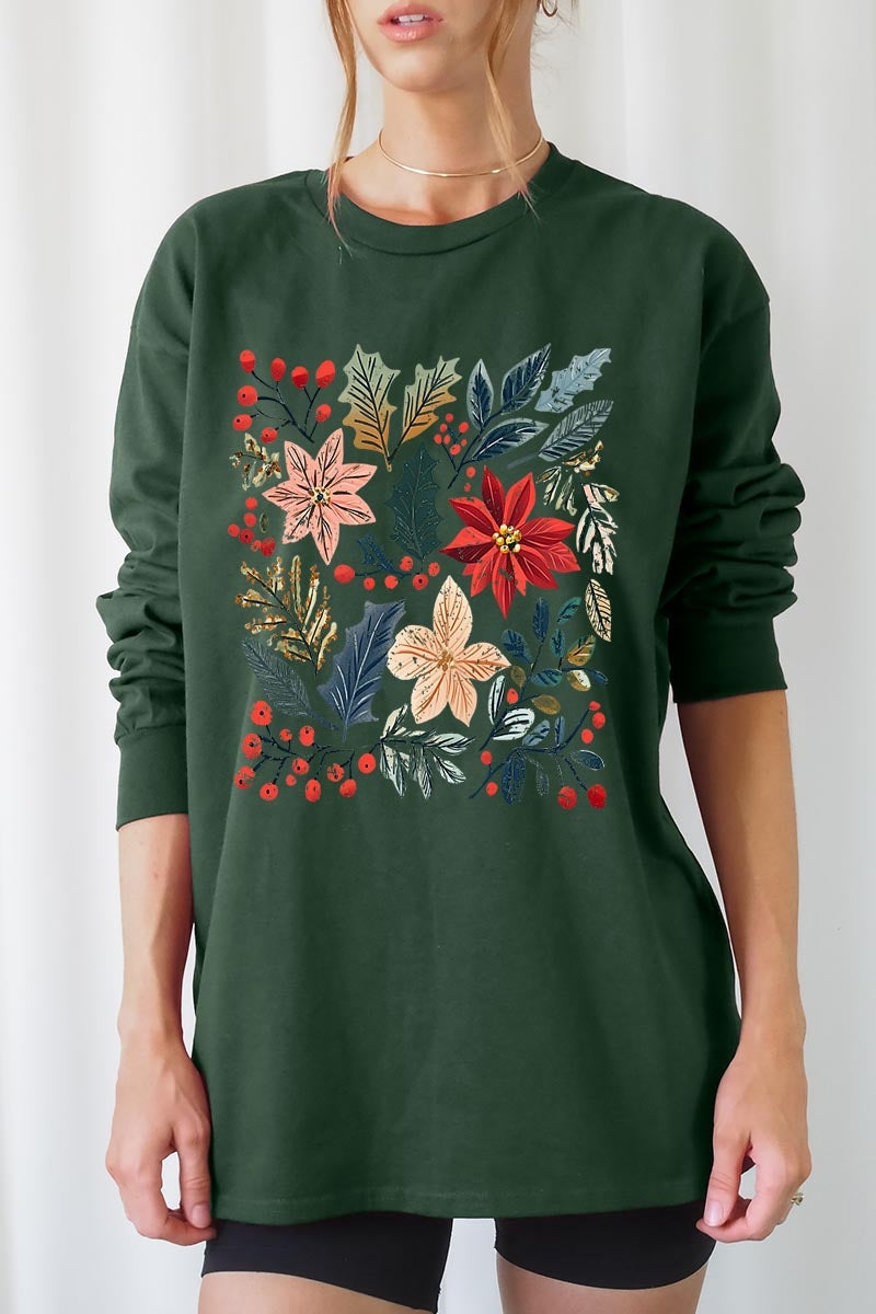 UL240P-E3186 Floral Christmas Graphic Plus Long Sleeve Tee $17