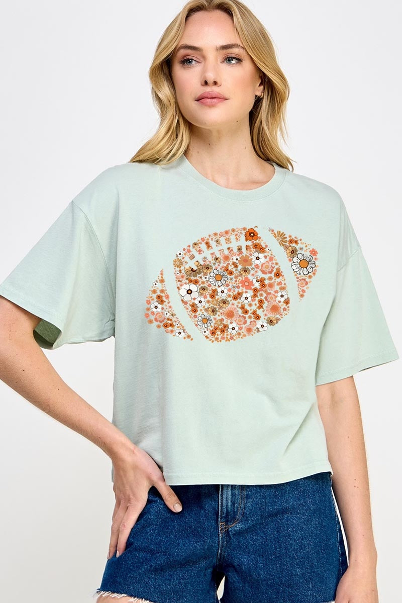 CTS-E3133 Floral Football Graphic Relaxed Crop Top $11