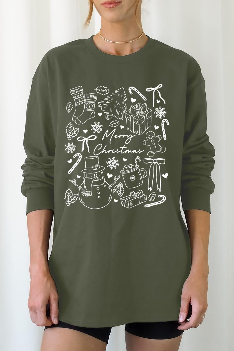 UL240P-E3181 Christmas Doodle Graphic Plus Long Sleeve Tee $17