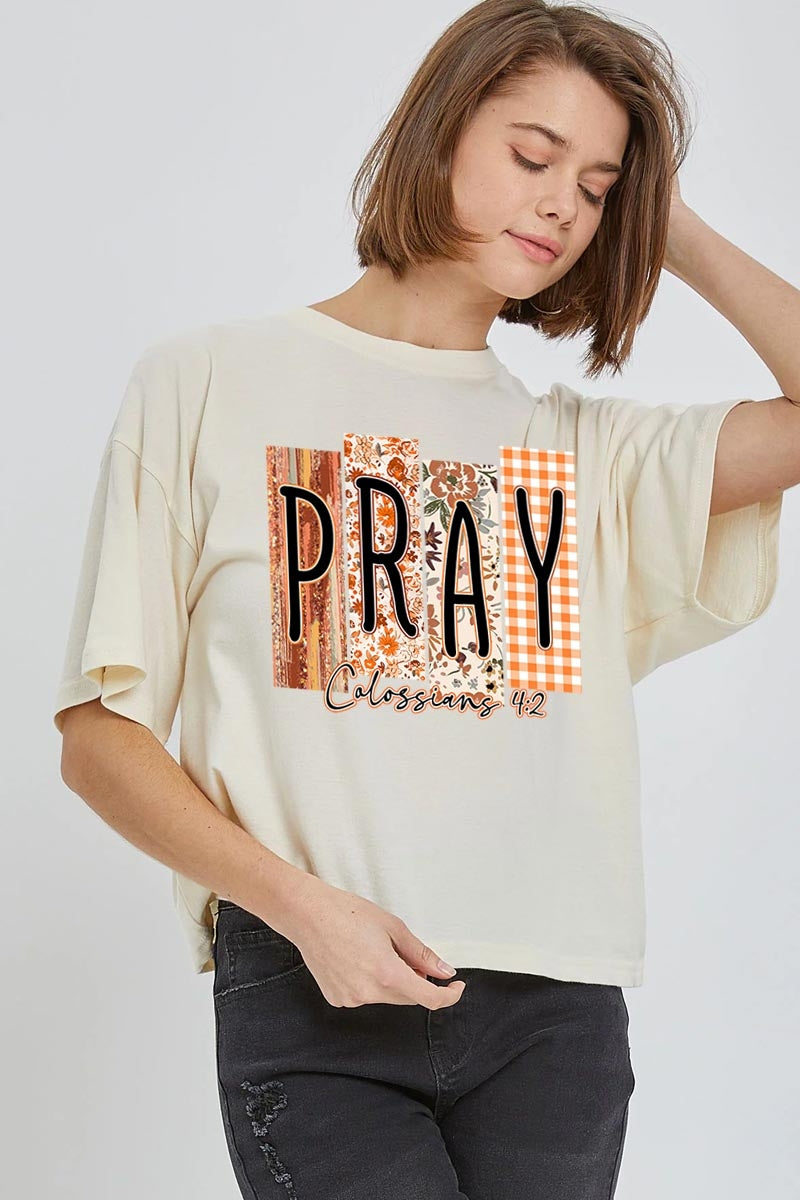 CTS-E3166 Pray Fall Christian Graphic Relaxed Crop Top $11