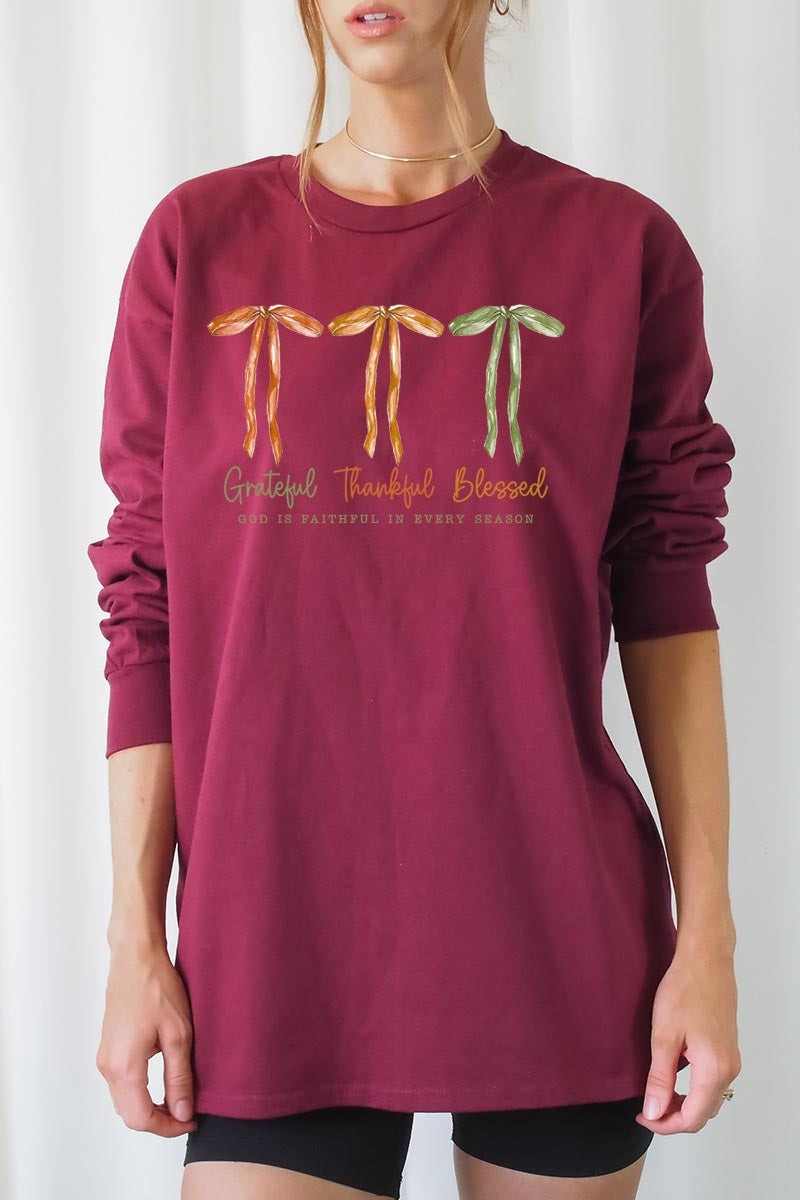UL240-E3111 Grateful Thankful Blessed Graphic Long Sleeve Tee $13.75