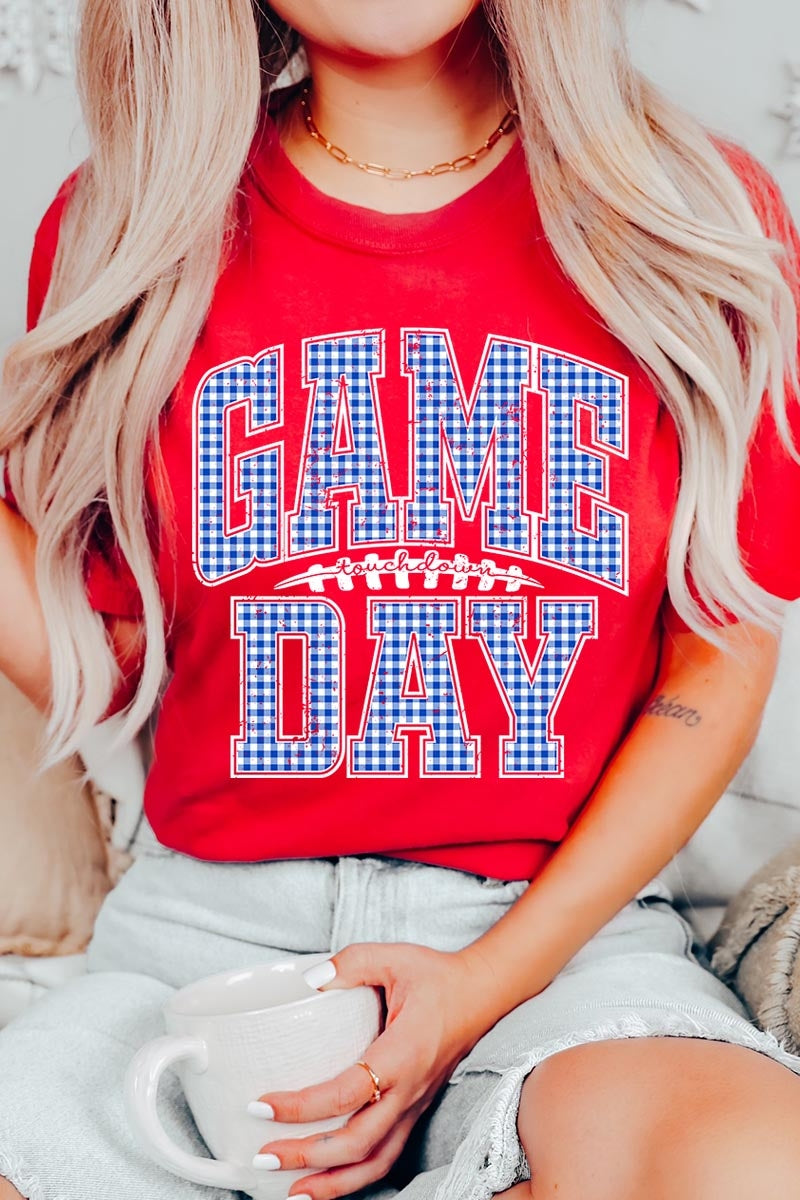 US3001P-E3130 Blue Gingham Game Day Graphic Plus Tee $16