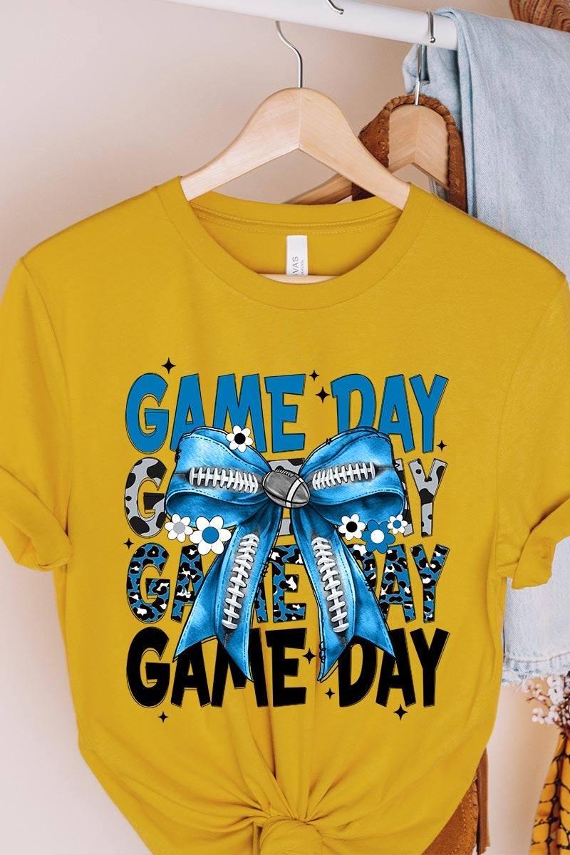 US3001-E3089 Blue Silver Football Game Day Bow Graphic Tee $12.5