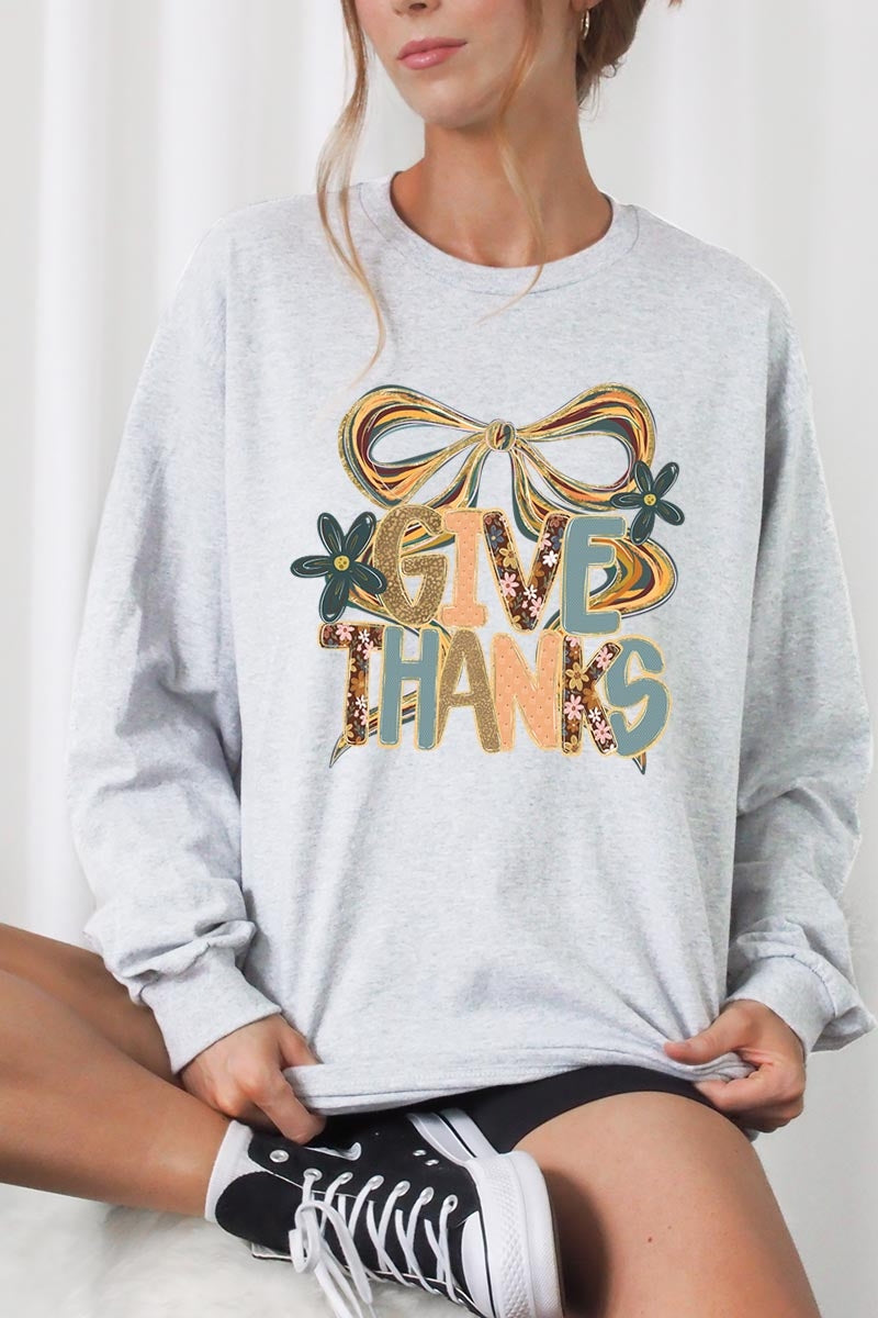 UL240-E3154 Give Thanks Bow Graphic Long Sleeve Tee $13.75