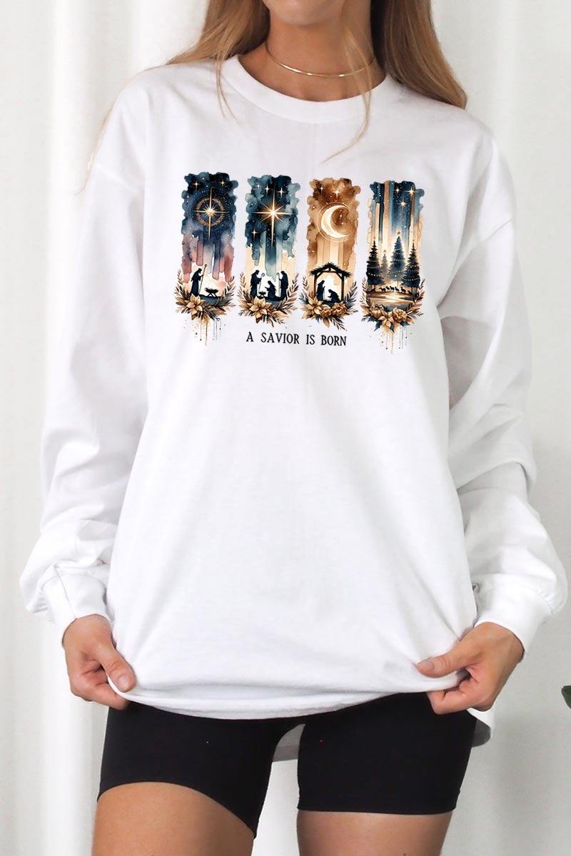 UL240P-E3204 Savior Is Born Nativity Graphic Plus Long Sleeve Tee $17