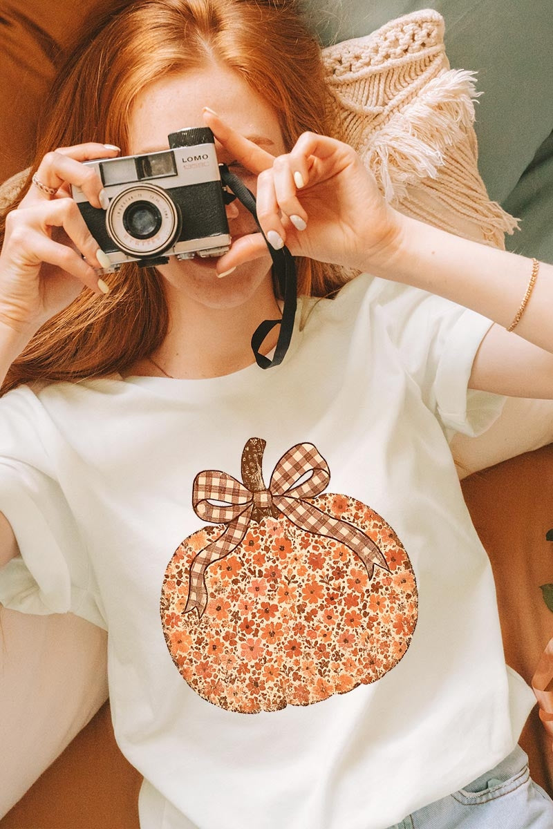US3001-E3135 Floral Fall Pumpkin Graphic Tee $12.5