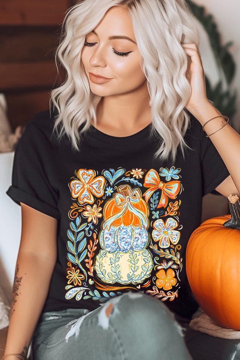 US3001P-E3153 Floral Pumpkin Stack Graphic Plus Tee $16