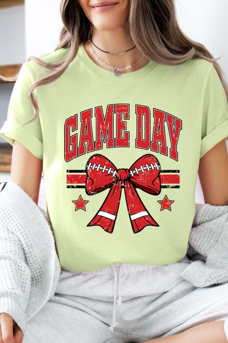 US3001-E3062 Red Game Day Football Bow Graphic Tee $12.5