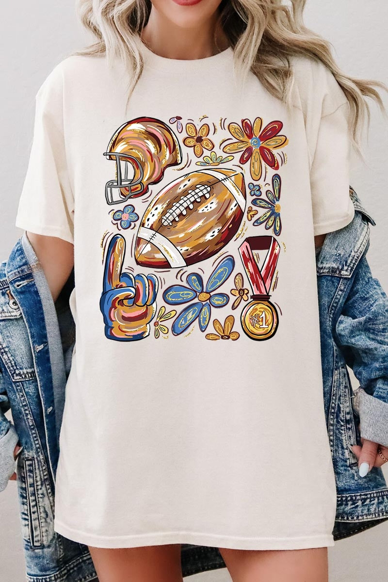 5000-E3072 Retro Floral Football Graphic Heavy Cotton Tee $9