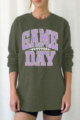 UL240-E3127 Purple Gingham Game Day Graphic Long Sleeve Tee $13.75